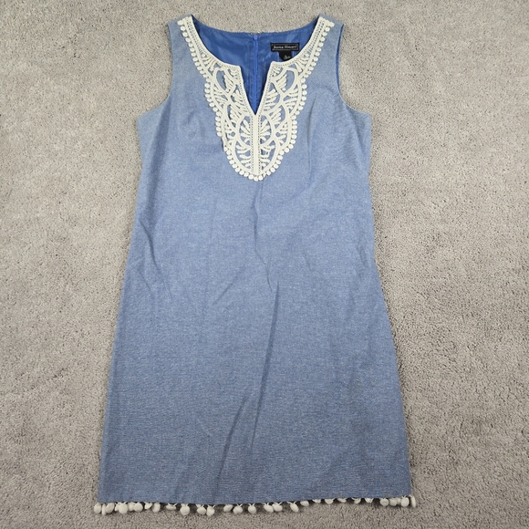Jessica Howard Dress 10 Linen Shift Light Blue Pom Trim Mini Sleeveless Beachy - Picture 1 of 12
